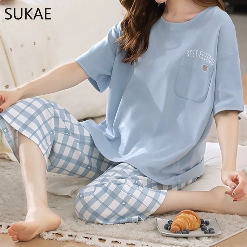 SUKAE-Pijama feminino na altura do joelho casual, pijama feminino, pijama floral elegante estampado, terno doméstico, tamanho grande M-5XL