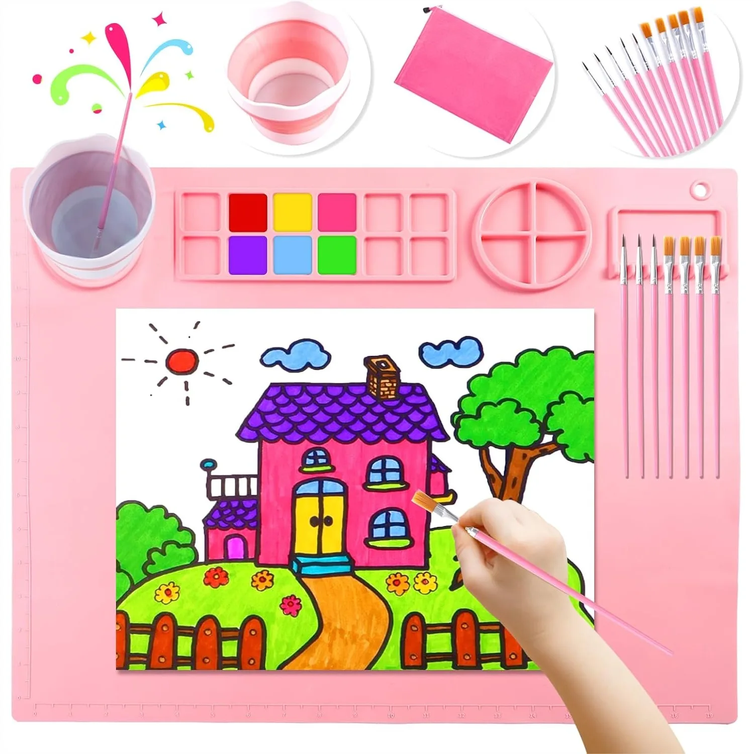 Large Silicone Craft Mat 20x16 Inch with Detachable Cup for Kids Art Supplies, 10 Brushes & Drawing Sheets