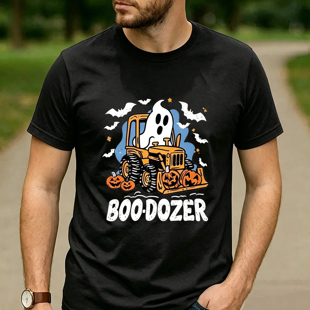 Boo-Dozer Funny Halloween Graphic T Shirt Cartoon Ghost Bulldozer Jack O Lantern Bat Star Print Unisex Cotton Casual Tee