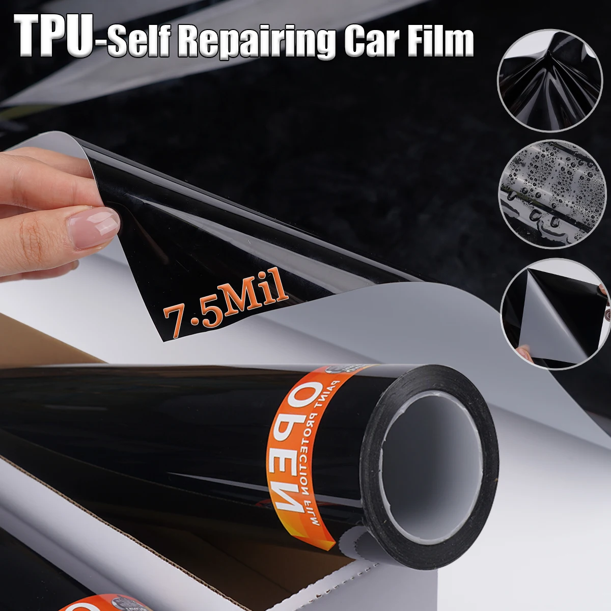 

7.5mil 50/152cm Glossy Black Car Film TPU PPF Packaging Sticker Self-Adhesive Car Scratch Resistant Self-Healing Protective Film