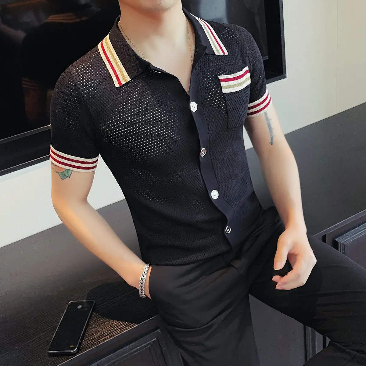 Summer Men's Collar Knitted Cardigan Men Fashion Short Sleeved Polo Shirtd Contrasting Color Slim Fit Casual Business T-shirt
