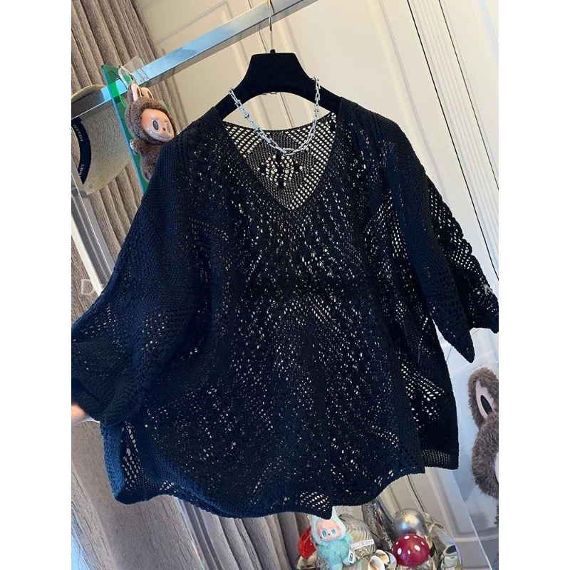

Women's New Style Spliced pullover V-neck Fashionable Solid Color Hollow Crochet Knitted Loose Top