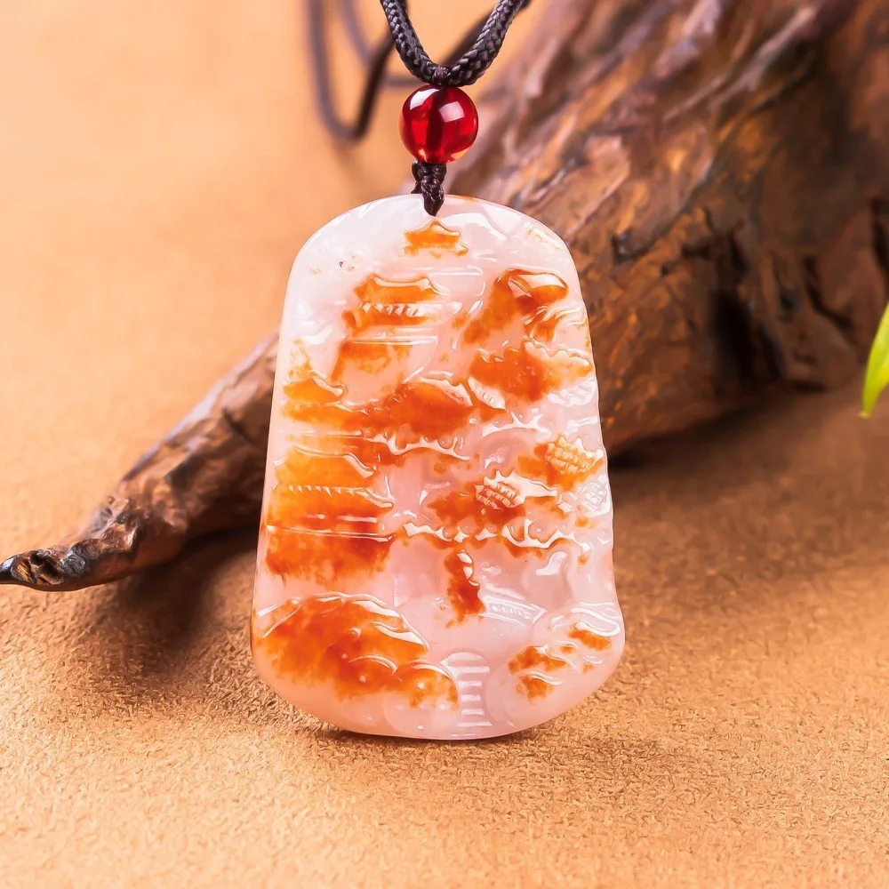 Ice Moist Floating Red Jadeite Hand Carved Landscape Pendant With Black Lucky