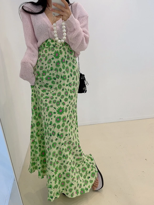 Chic Daisy Floral f jupe femmes taille élastique mince Tube droit longue jupe en mousseline de soie à la mode trajet Sle taille moyenne Design