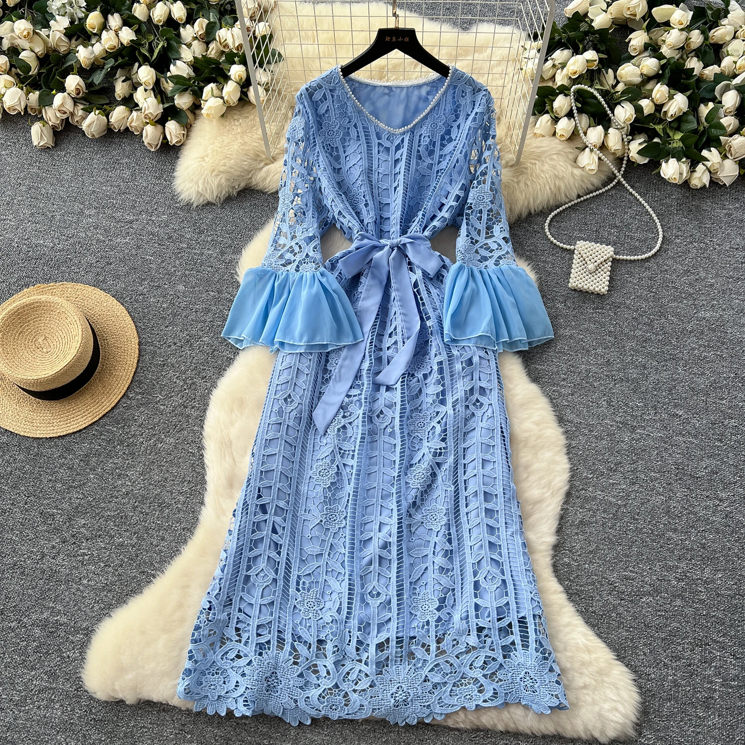 SuperAen Retro Hollowed-OUT โครเชต์ลูกไม้เอว Flared Sleeve Dress Big Swing Elegant Dress