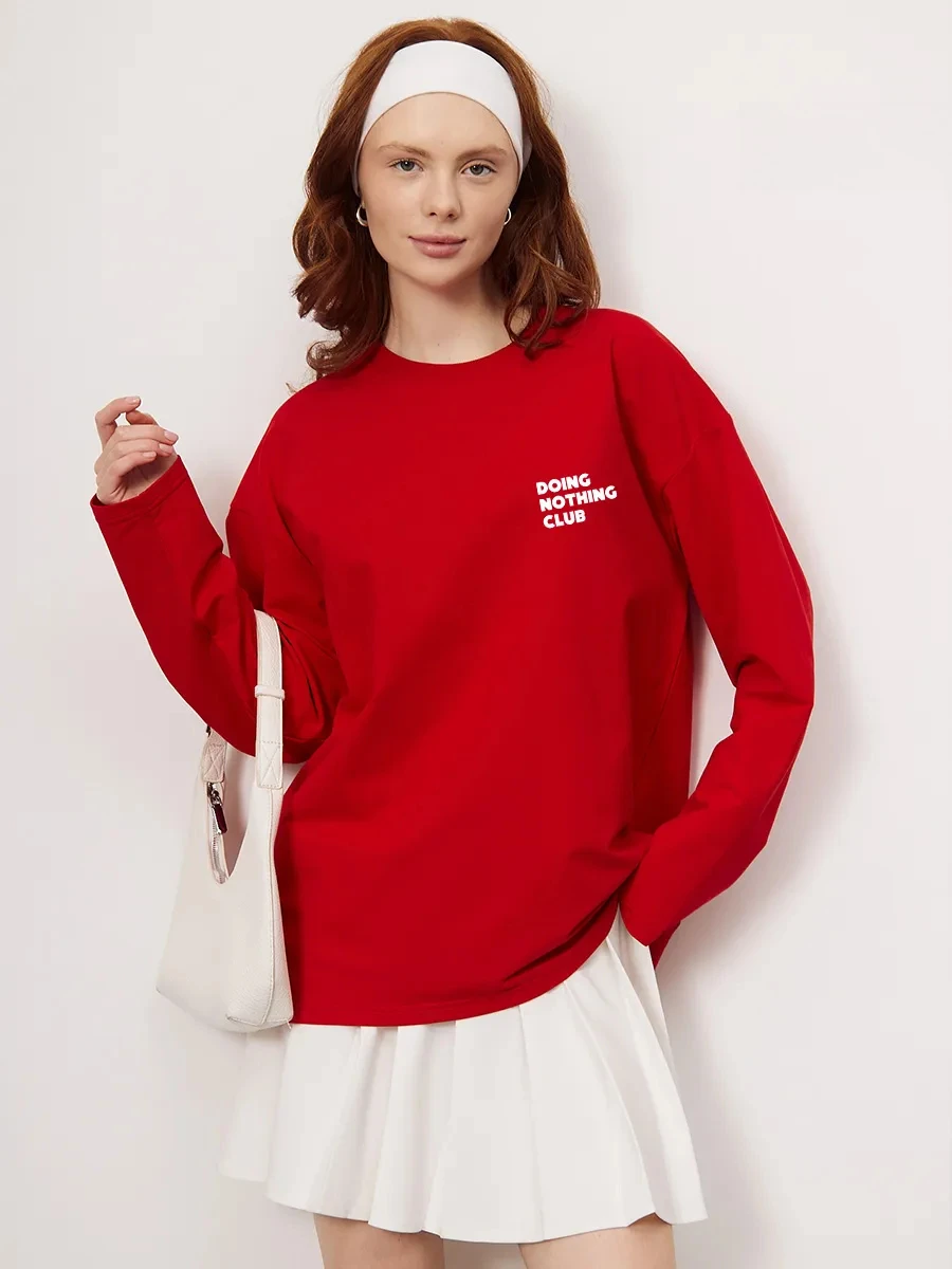 100% Cotton Long Sleeve Fashion Ladies T‑Shirt Minimal Letter Print Red Loose Fit Autumn New Women Casual Basic Top
