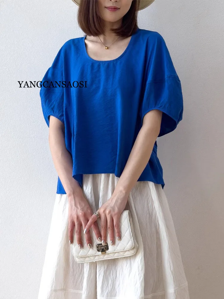 2025 Women's Summer New Style 76% Natural Mulberry Silk Dried Silk Bubble Sleeve White Round Neck Short Sleeve T-shirt