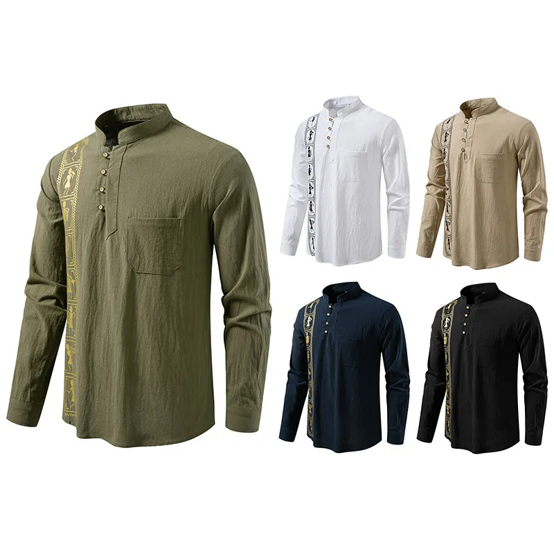 Men's Cotton Linen Shirt African Print Casual Style Long Sleeve Standard Fit Breathable Comfortable Autumn Fashion Mens Shirt