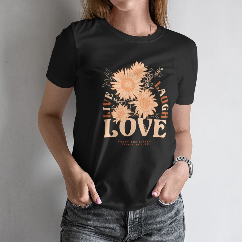 

Яркая женская футболка с коротким рукавом — «LIVE LAUGH LOVE» Подсолнух — прикрашенный принт для радостного летнего образа