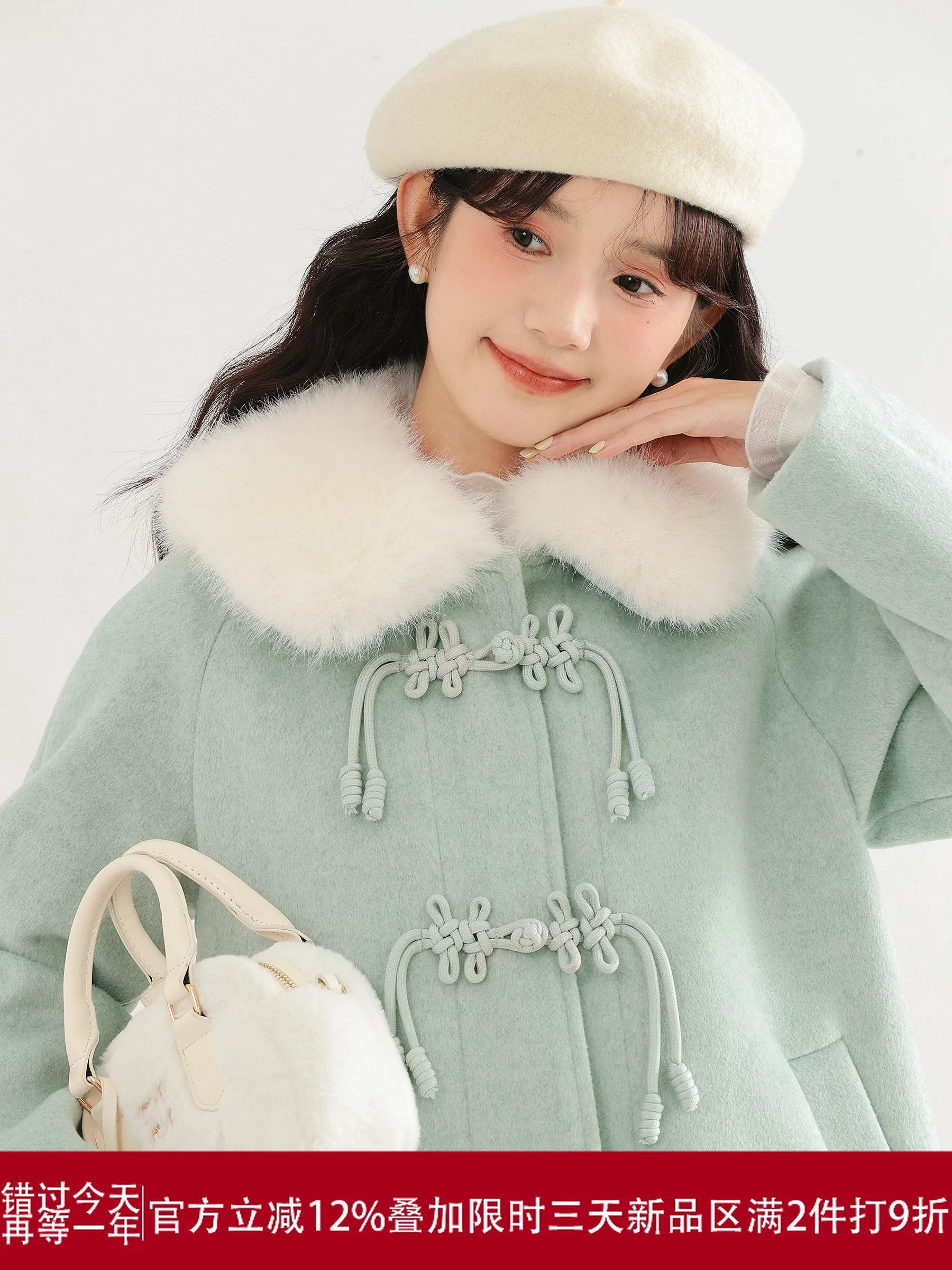 

Шерстяное пальто Lingji, женское зимнее новое пальто в национальном стиле, маленький размер, пальто-камера с милым воротником, длинное свековое пальто прямого кроя