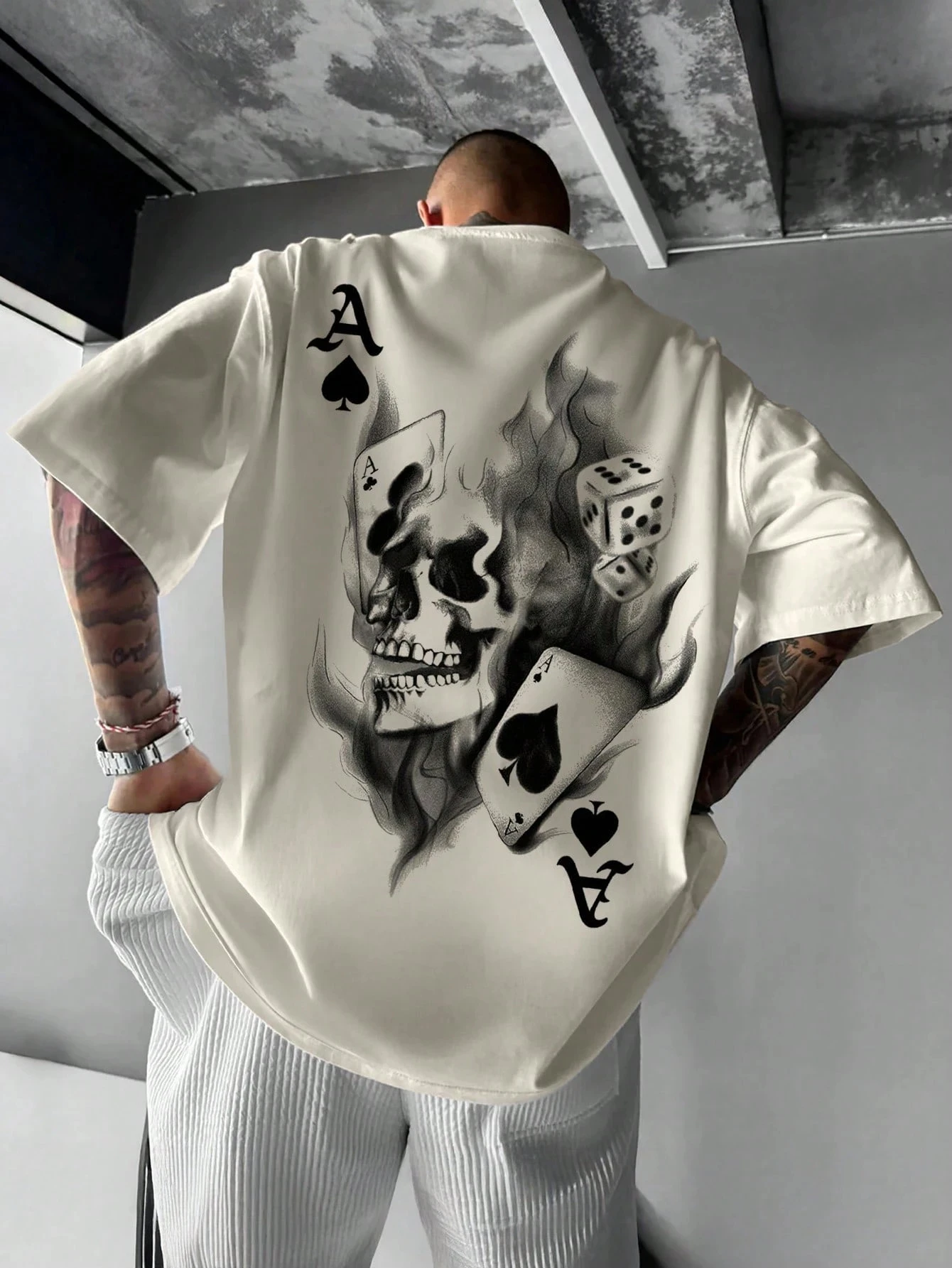 Street Skeleton Spades A Poker Card Printed T-shirt Visual Vortex Digital Printed Men's Loose Short Sleeve