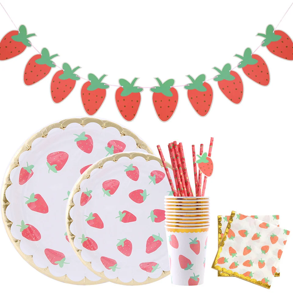 1Set Strawberry Series Disposable Tableware Paper Straws StcikerFor Kids Summer Sweet One Strawberry Birthday Decoration Supply