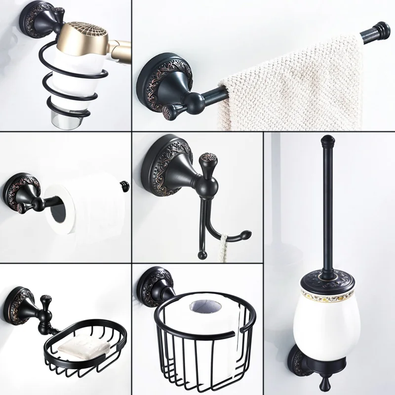 Black Brass Bathroom Accessories Hardware Set Towel Bar Rail Rack Toilet Paper Holder Toilet Brush Shower Soap Dish Holder