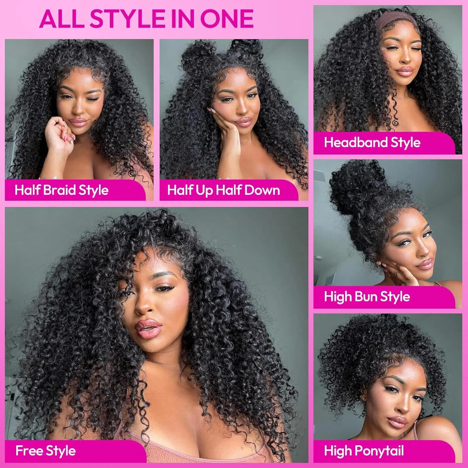 220 Dichte, krause Locken, 3-in-1-Halbperücke, 16-32 Zoll, nahtlos umklappbar, mit verstellbarem Kordelzug, vollständig maschinell gefertigt für Frauen – Detail 5