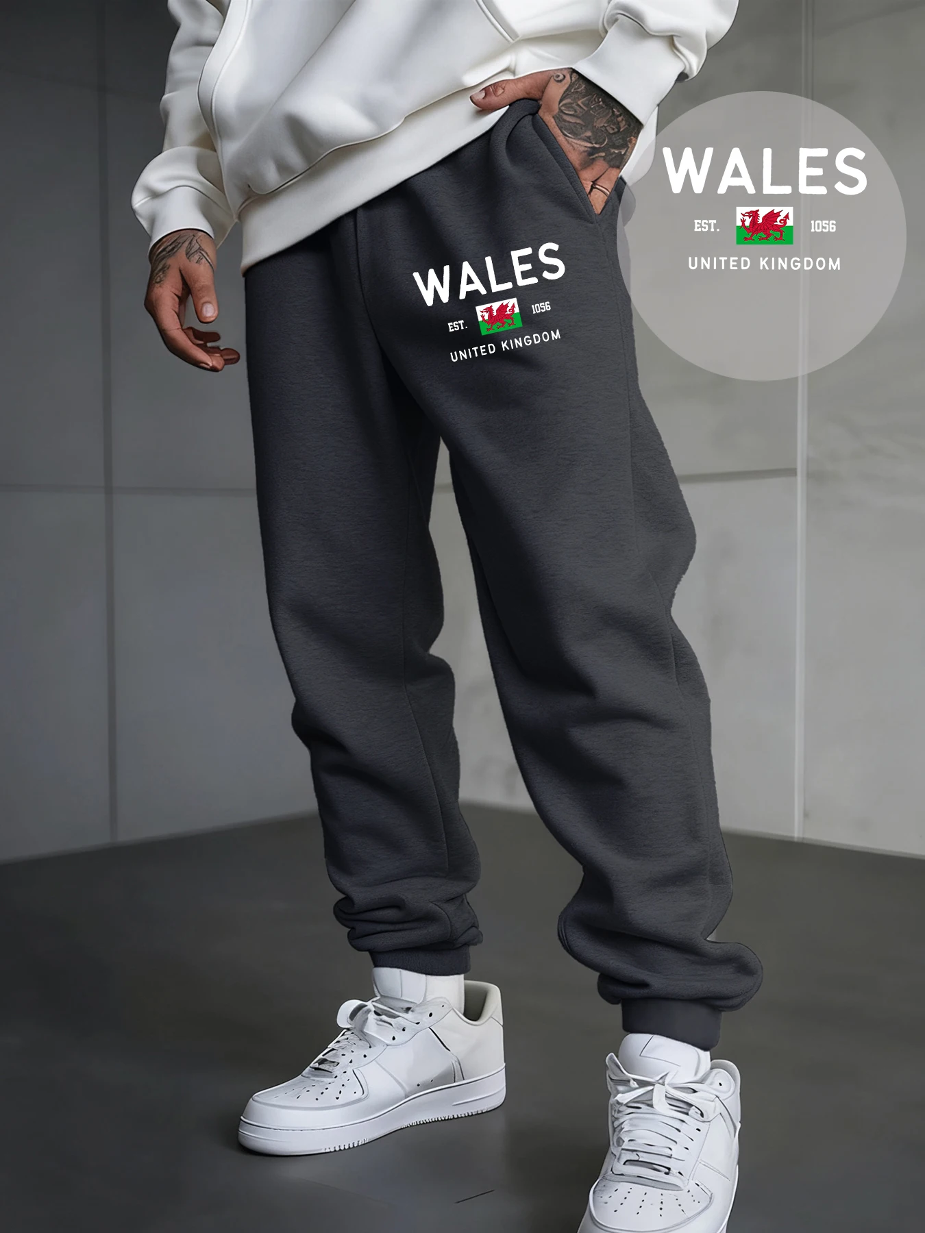 

Уэльс, Великобритания, Est 1056, мужские спортивные штаны с принтом, флисовые брюки с карманами, теплые разноцветные спортивные штаны, уличные осенние брюки