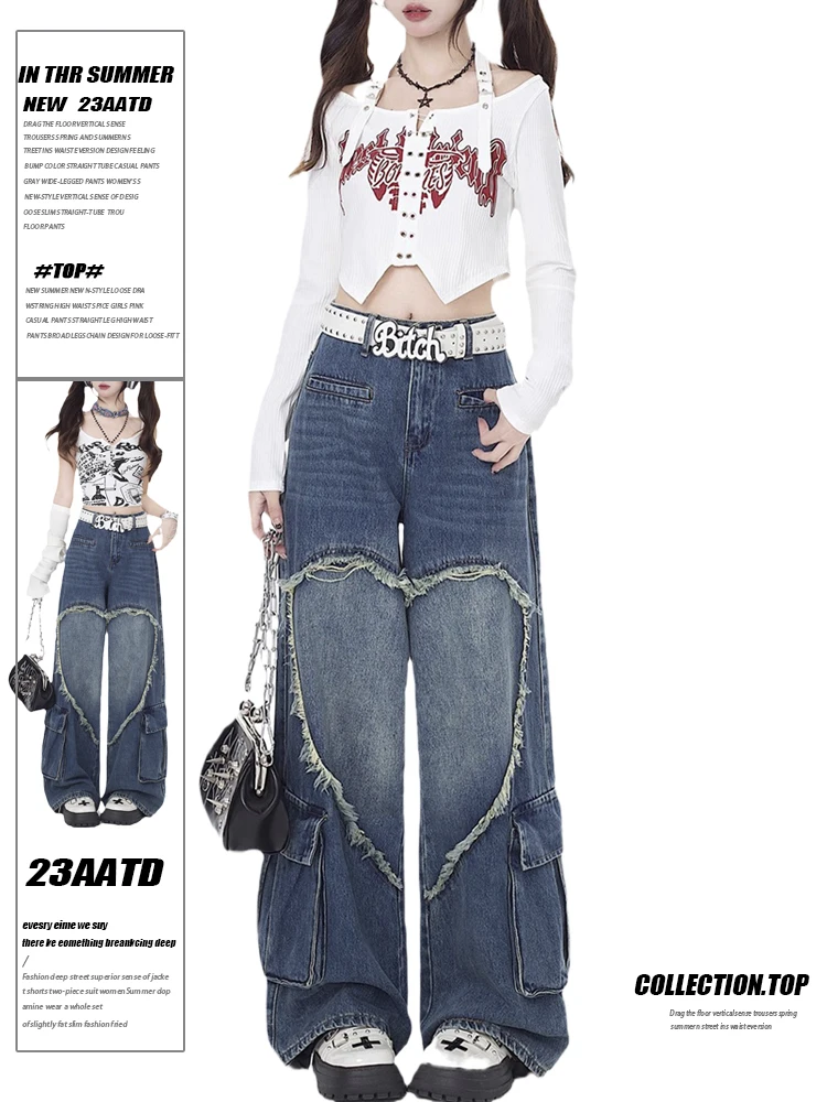 

Women's Blue Jeans Baggy Harajuku Aesthetic Streetwear Denim Trousers Korean Y2k Jean Pants Vintage 2000s Trashy Clothes