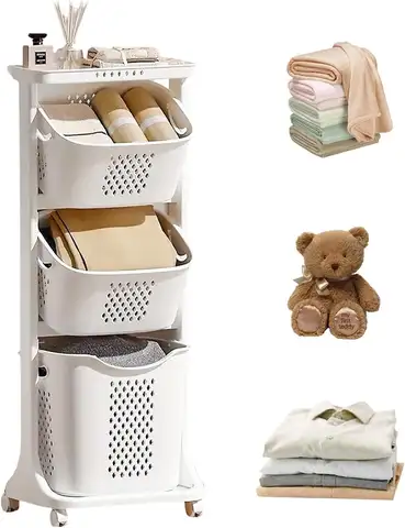 Rolling Laundry Hamper Cart with Wheels, 3 Tier Laundry Baskets