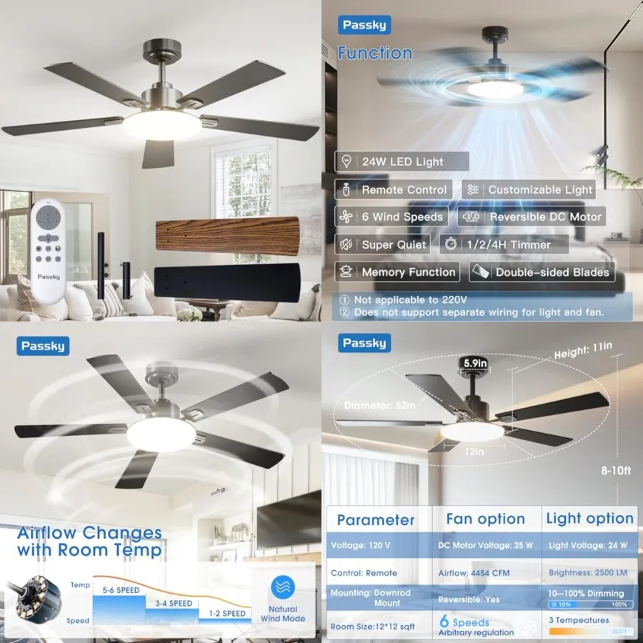 Ceilg Fans with Lights, Sleek Ceiling Fan with Light and Remote Control, 3CCT, Dimmable, Reversible, Noiseless, Ceiling Fan for