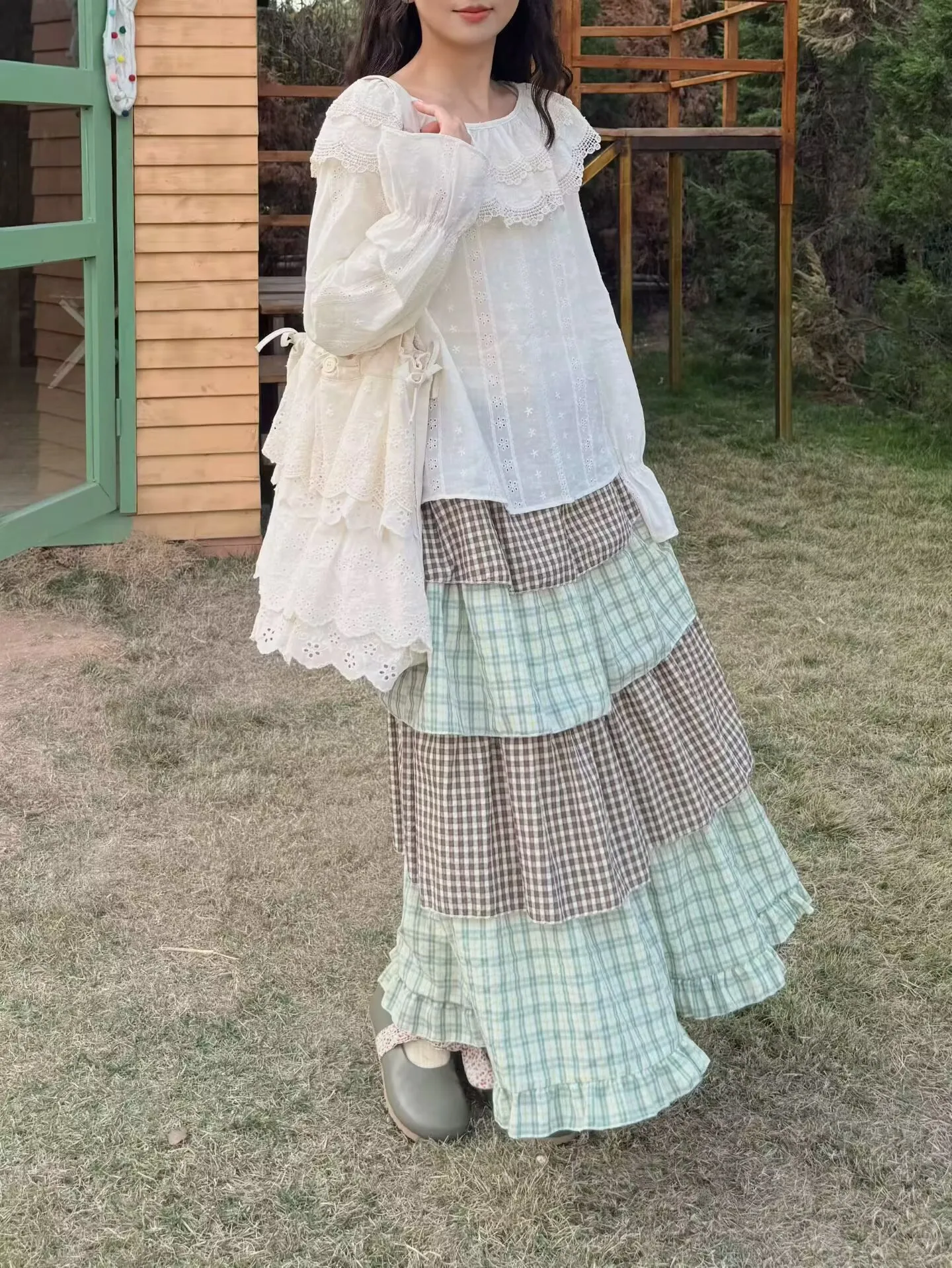 Women's Green Plaid Cotton Patchwork Maxi Skirt Sweet Lolita Ruffle Cake Skirt  Young Girls Students Japanese Mori Girl Skirt