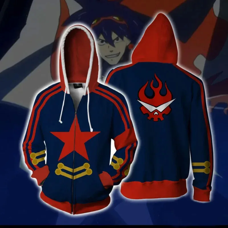 Tengen toppa gurren lagann cosplay anime moletom com capuz 3d novo outono inverno jaqueta com zíper adolescente casaco casual