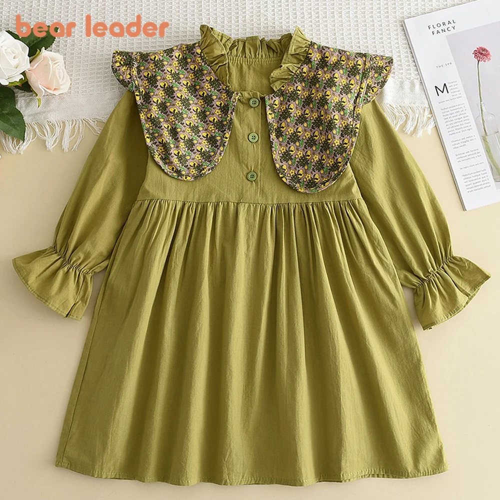 Bear Leader Girl Kids Spring Autumn Dresses 2023 New Fashion Baby Long SLeeve Casual Dress Children Solid Color Costumes