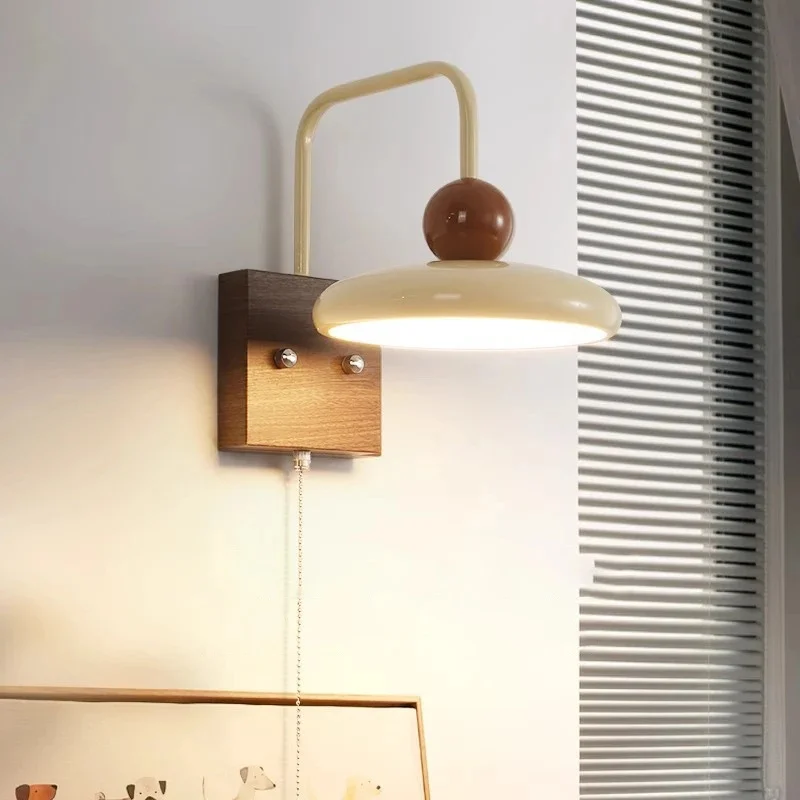 Vintage Wooden Wall Sconce Pull Chain Bedside Wall Lamp Cream Shade Light For Bedroom Reading Room Home Decoration