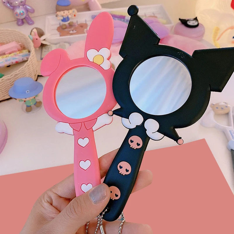 Cartoon Sanrio Mymelody Kuromi Hello Kitty Handheld Makeup Mirror Kawaii Kt Cat Handle Make Up Mirrors Girl Birthday Gift