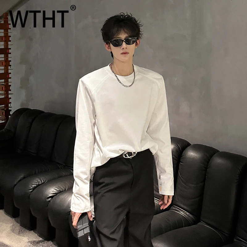 

WTHT Fashion Men’s Solid Color Shoulder Pads Design Loose T-shirts Trendy 2025 Autumn Round Collar Casual Tops Male 2A2195