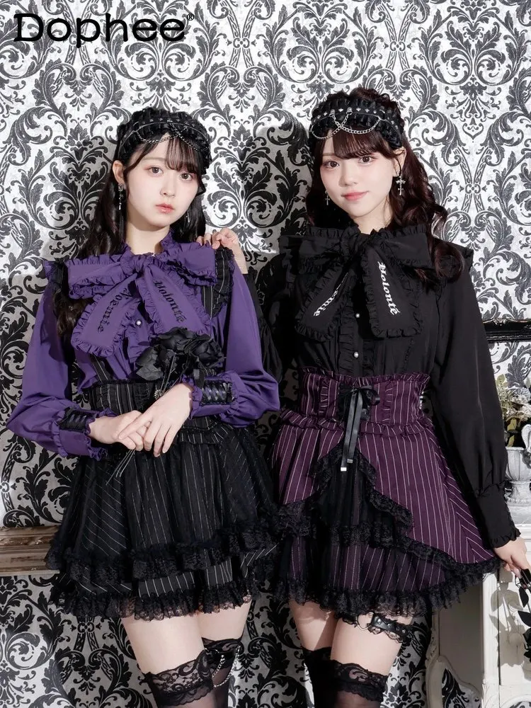 

Новая рубашка в японском ретро-готическом стиле 2026 года с рюшами на воротнике и бантом, массовое производство, повседневная универсальная рубашка с длинным рукавом