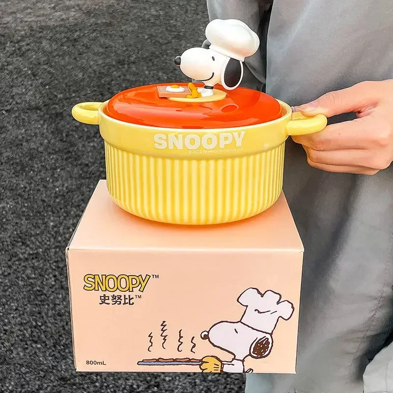 Disney Snoopy 3D Doll Cute Kawaii Ceramic Soup Bowl with Lid and Two Ears Large Capacity Instant Noodle Bowl Fashion Gift