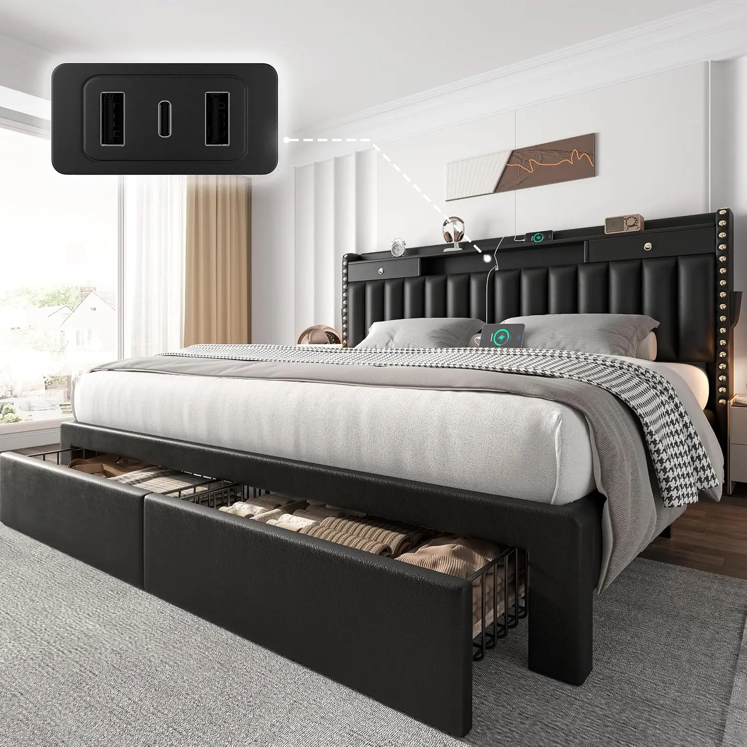 King Size Bed Frame with Headboard & 2-Storage Drawers & Black | Upholstered PU Leather Bed Frame with 3 USB & Type-C Charging