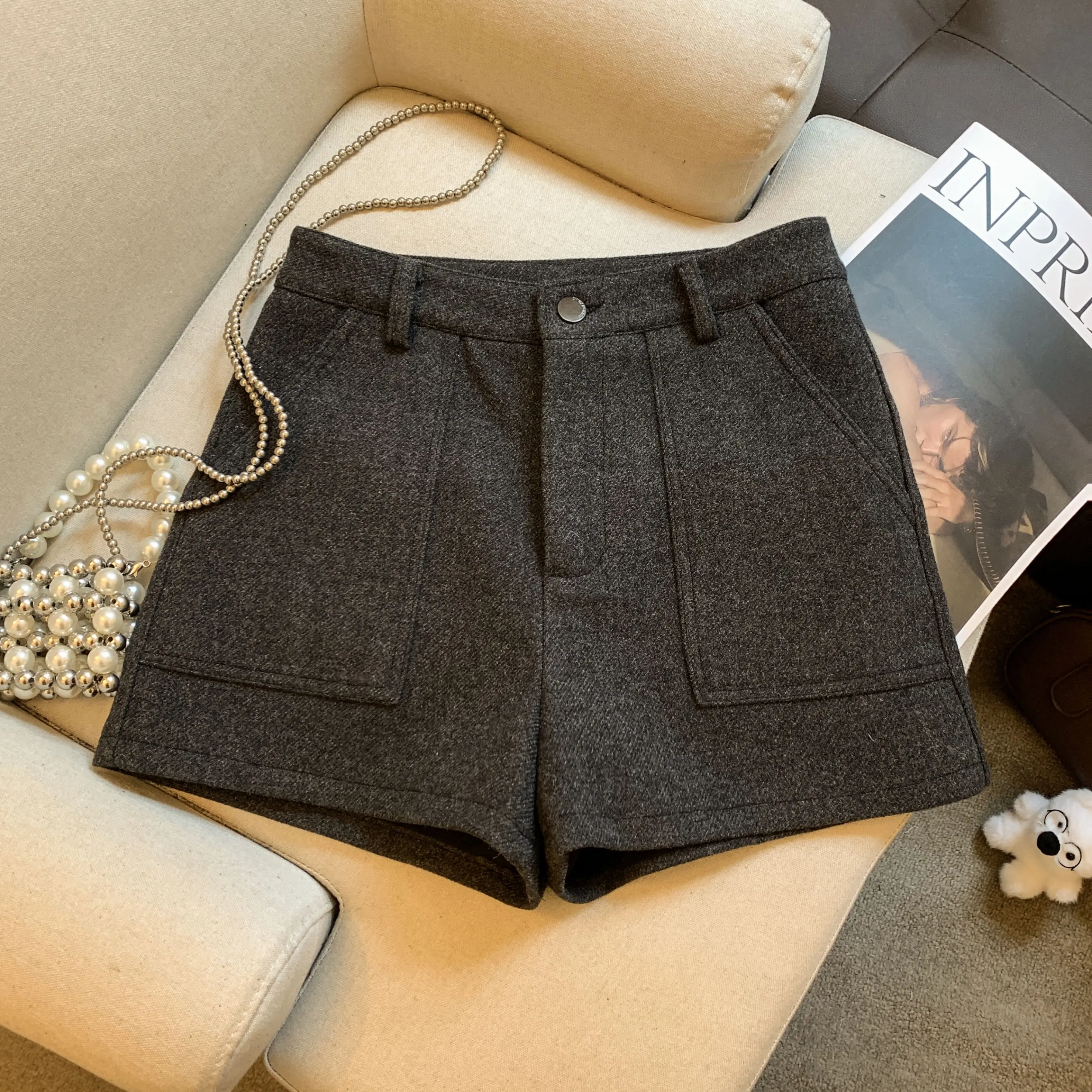 Shorts Femininos de Lã e Mistura para Outono Inverno, Cintura Alta, Cor Sólida, Estilo A-Line