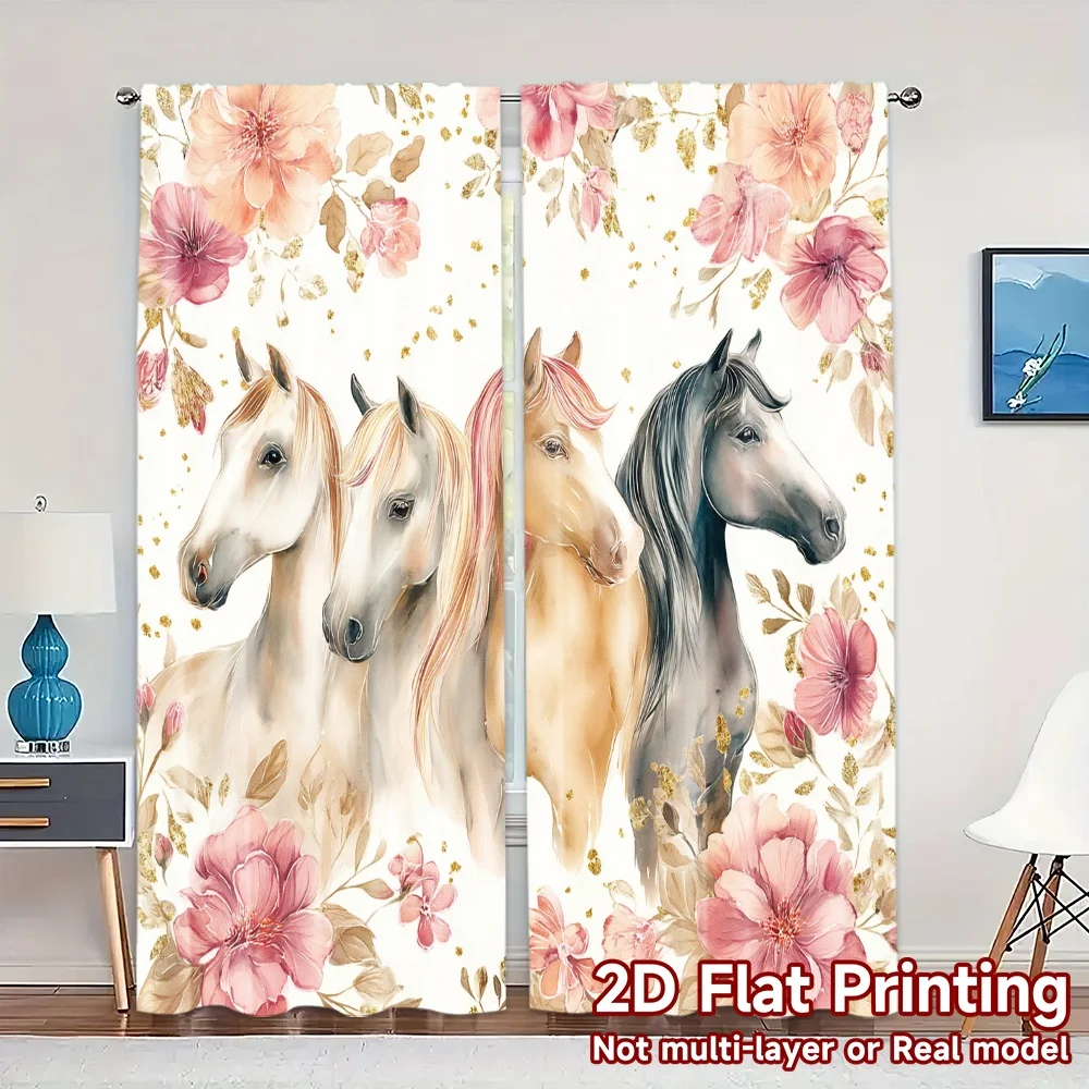 2D Flat Printing,JIT 2pcs, Curtains (Without Rod) Equine Celebration Popular Creative Curtains Semi-Sheer Curtains Holiday