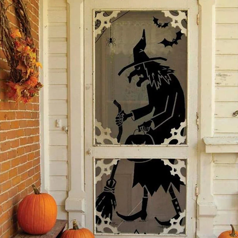 2-piece Halloween witch pumpkin lace curtains, no-drill semi-transparent door curtains, for creating a spooky party atmosphere