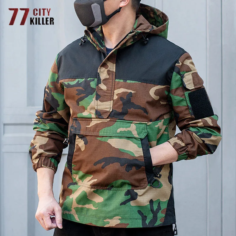 Tactical Camouflage Hoodies Jackets Mens Spring Autumn Outdoor Commute Multiple Pockets Tops Casual Loose Hooded Sweatshirt Male