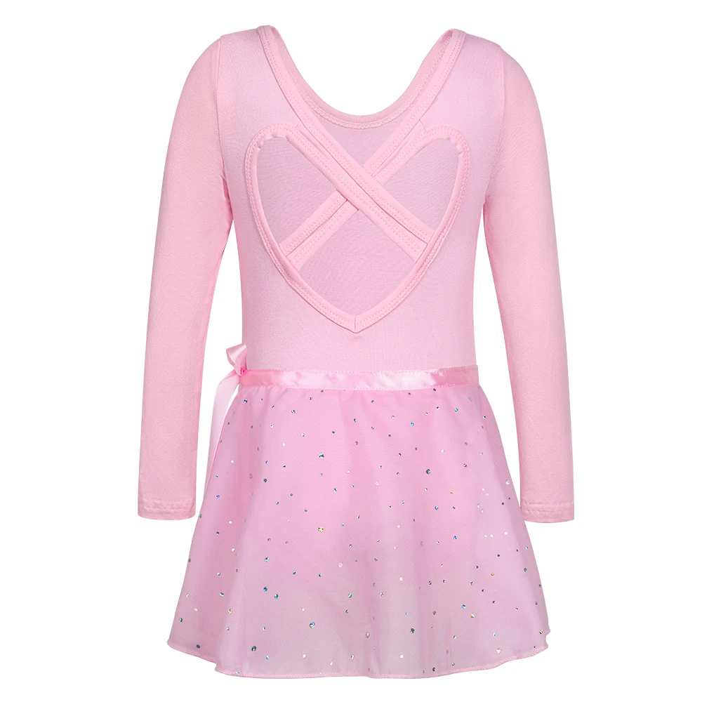 Little Girls Leotard Long Sleeves Ballet Dance Dresses Gymnastics Dancewear with Chiffon Tied Skirt Outfit Set Stage Costume