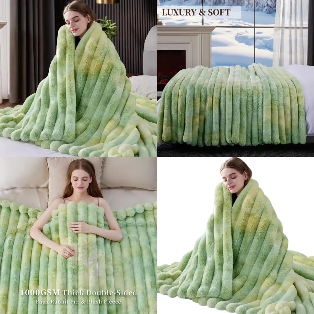 

Плотный плед из искусственного меха 1000GSM, уютный, в полоску, мягкий плюшевый, с эффектом тай-дай, зеленый, для кровати, дивана, гостиной и в качестве подарка (50 x 70)