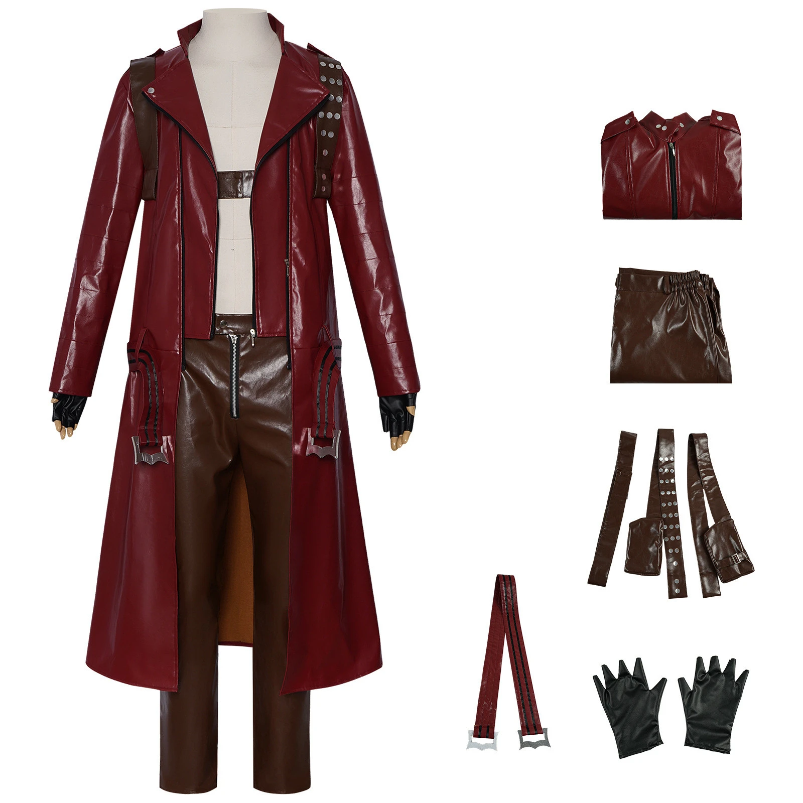 

Dante Cosplay Costume for Men Deluxe Leather Battle Suit Jacket Trench Pants Adult Halloween Party Roleplay Outfits