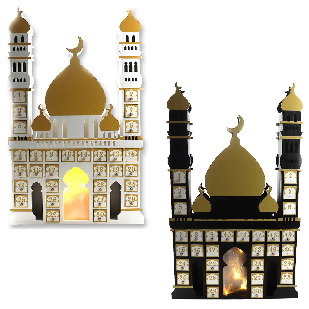 

Wooden Middle Eastern Castle Design Countdown Calendar Cabinet – Black & White Moon Festival Decoration for Home