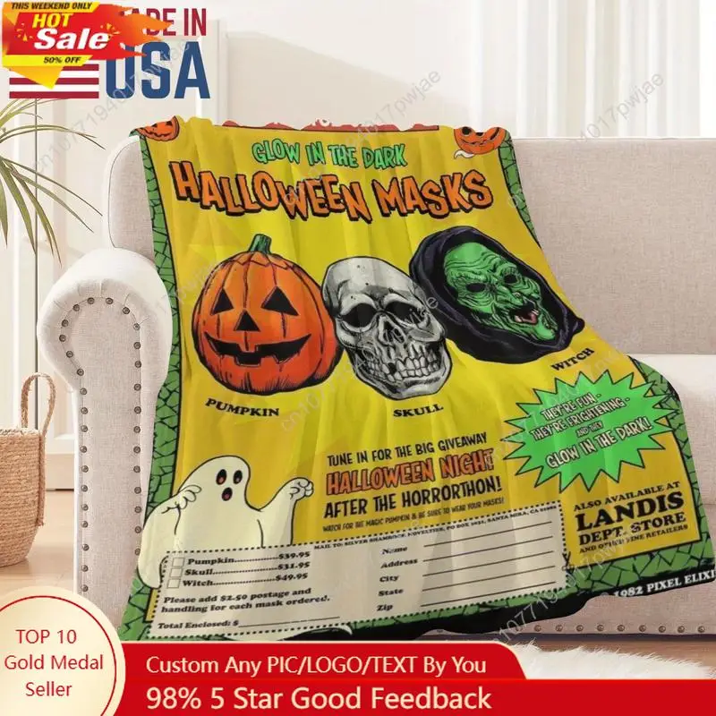 Vintage Halloween Flannel Throw Blanket - Soft, 280GSM Premium Weight Blanket All Seasons Digital Print Washed Custom blankets