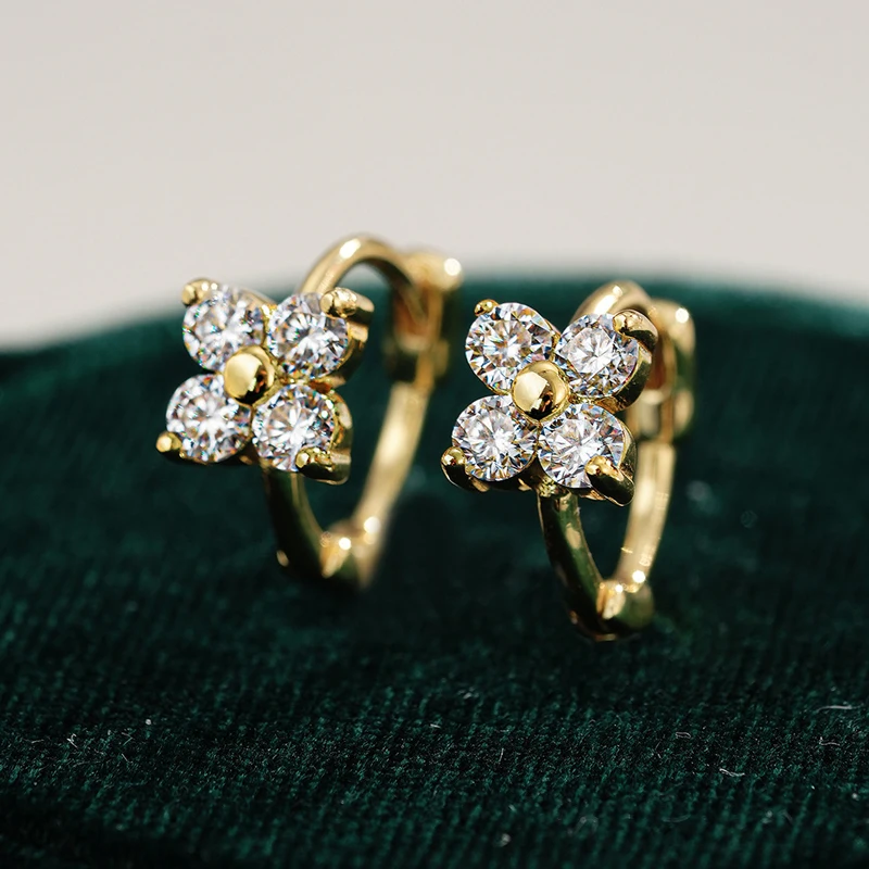 RAPRGOLD 3mm Round Moissanite Floral Hoop Earrings for Women 14K Gold Filled Delicate Four Leaf Clover Jewelry Anniversary Gift - view 6