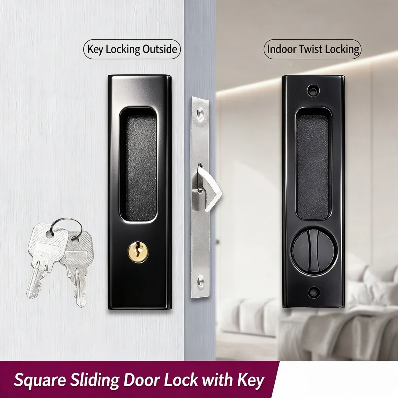 Recessed Sliding Door Lock With Key, Hidden Hook Lock for Wooden Door, Bathroom Balcony Hanging Sliding Door Security Latch