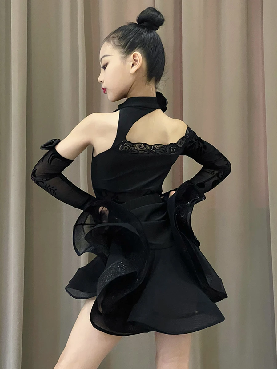 2023 New Latin Dance Clothes Girls Black Lace Dress Performance Wear Cha Cha Rumba Costume Kids Latin Competition Dress DNV18623