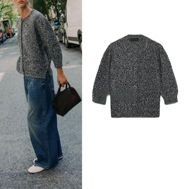 Fall New Arrival Women's Knitted Bubble Long Sve round Ne Outerwear Side Slit Design Commute Sle Warm Polyester Fiber