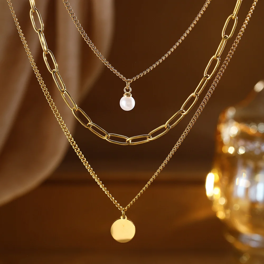 Boho Pearl and Disc Rectangular Chain Multi Necklace Stainless Steel Set, Waterproof and Fadeproof, Wedding Party Favors