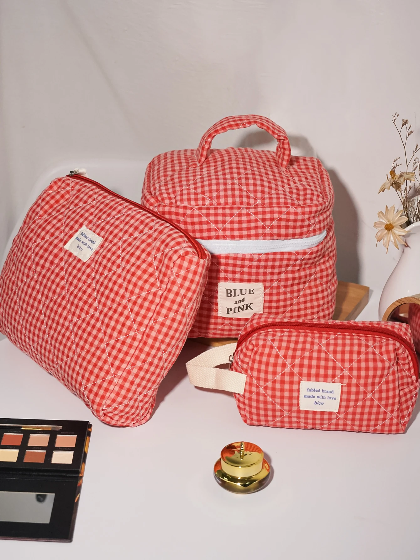 Große Kapazität Baumwolle Make-Up Tasche Frauen Karierten Pinsel Lagerung Tasche Süße Nette Reise Kulturbeutel Casual Damen Weichen Organizer