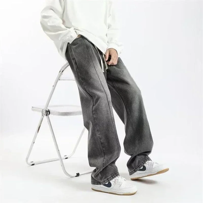 

Jeans Men Wide Leg Pants Denim Pant Gradation Straight Trousers Regular High Waist Splice Casual Loose Autumn Winter 2024