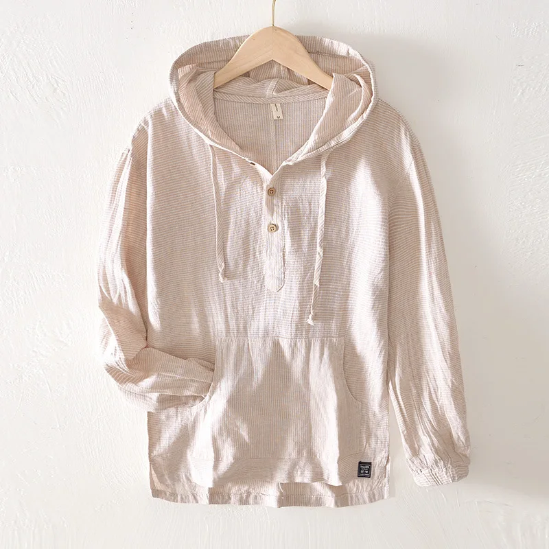 Men's Lightweight Breathable Striped Sweatshirt with Hood and Loose Long Sleeves for Casual Wear