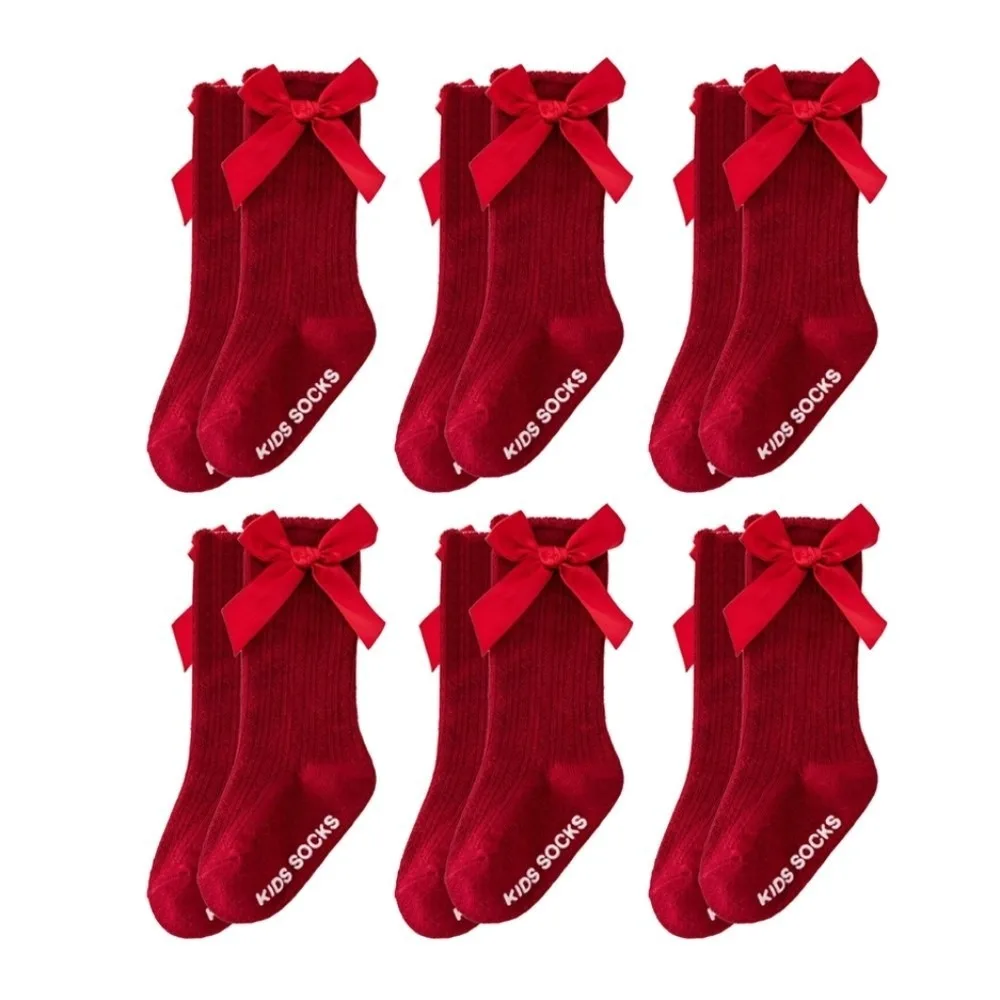 

6 Pairs Cute Long Baby Knee Socks Soft Comfortable Kids Socks Anti-slip Breathable Big Bow Hosiery Girls Wear