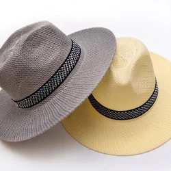 Unisex Beach Trilby Large Brim Jazz Sun Hat Panama Hat Fashion Summer Casual Paper Straw Women Men Cap With Black Ribbon